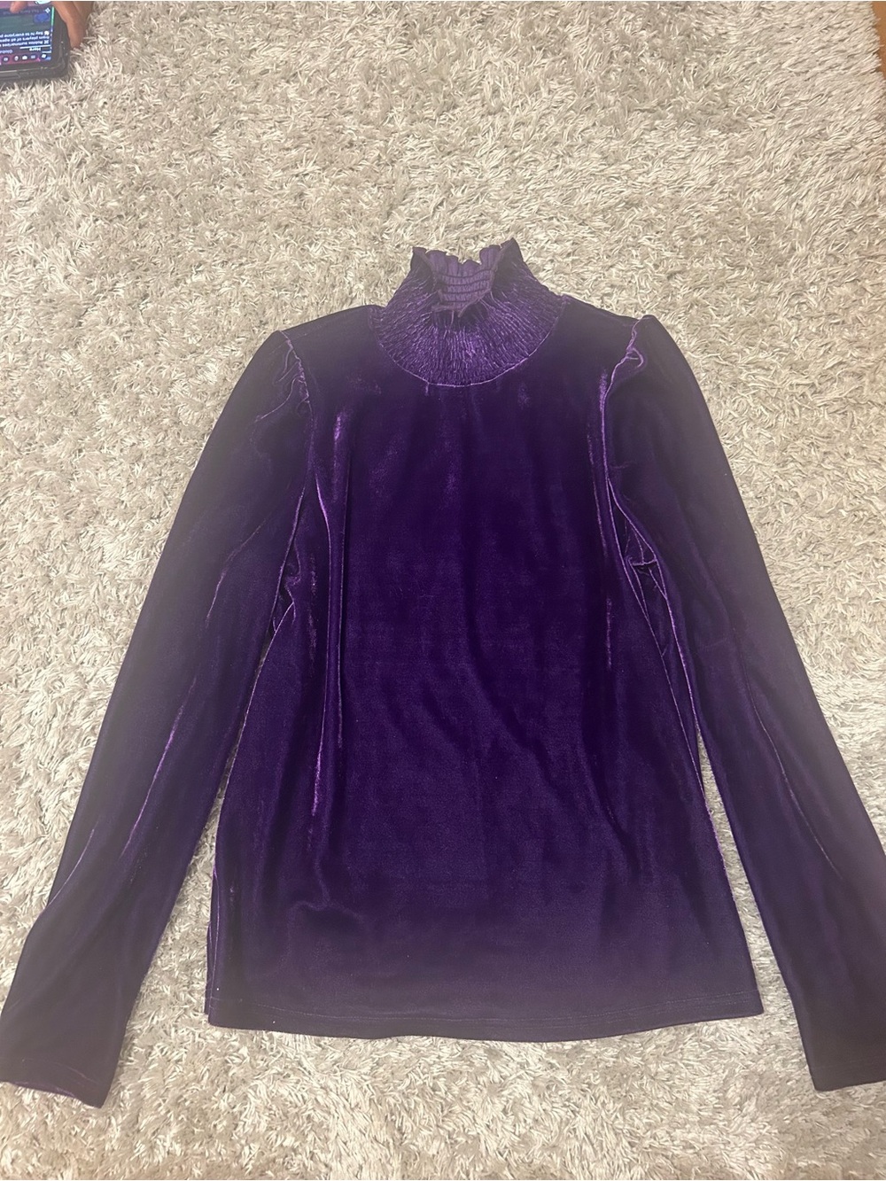SHEIN Deep Purple Velvet Ruffle Mock Neck Long Sleeve Top